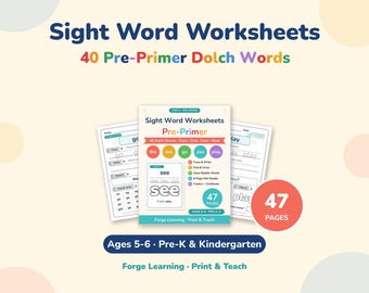 May include: Sight Word Worksheets featuring 40 Pre-Primer Dolch Words. The educational set includes 47 pages for ages 5-6, Pre-K and Kindergarten. The cover displays the title, trace, find, color, and read activities, with a red circle badge.