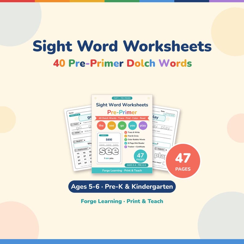 Sight Word Worksheets cover: 40 Dolch pre-primer words, trace, find, color and read, 47 pages, ages 5-6, pre-K and kindergarten, printable PDF by Forge Learning