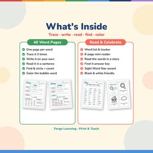 What's inside the sight word pack: 40 one-word pages to trace, write, read, find and color, a word list tracker, an 8-page mini reader and an answer key