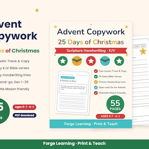 Cover of Advent Copywork: 25 Days of Christmas, a printable KJV Bible verse handwriting book for kids ages 5 to 7