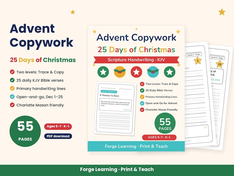 Cover of Advent Copywork: 25 Days of Christmas, a printable KJV Bible verse handwriting book for kids ages 5 to 7