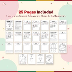 All 25 pages of the Christmas drawing pack: how to draw an elf, reindeer, snowman, gingerbread kid and Santa, design your own elf, draw and write pages, other half, I Spy, decorate pages and certificate.