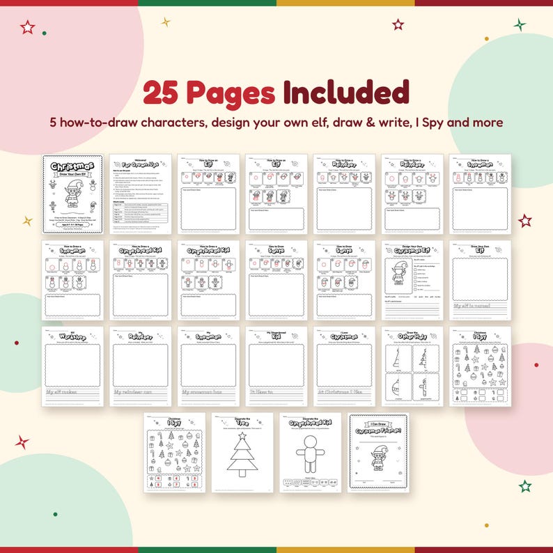 All 25 pages of the Christmas drawing pack: how to draw an elf, reindeer, snowman, gingerbread kid and Santa, design your own elf, draw and write pages, other half, I Spy, decorate pages and certificate.