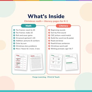 What's inside the Christmas pack: math pages like ten frames and color by sum, literacy pages like beginning sounds and CVC words
