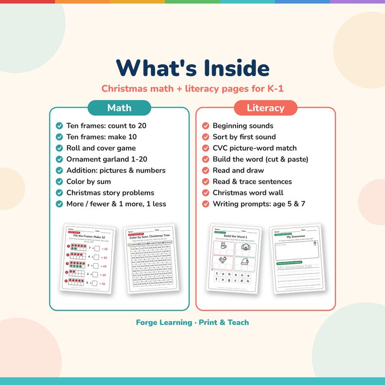 What's inside the Christmas pack: math pages like ten frames and color by sum, literacy pages like beginning sounds and CVC words