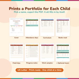 All pages of the printable homeschool portfolio PDF: cover, attendance days, curriculum, books read, field trips, progress notes, work samples index, plus the optional hours-by-subject version of the attendance page