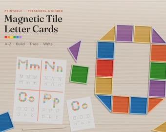 May include: Magnetic Tile Letter Cards printable set featuring the text Magnetic Tile Letter Cards A-Z Build Trace Write. Includes a worksheet with letters M, N, O, P and a large letter O constructed from colorful square and triangular magnetic tiles.
