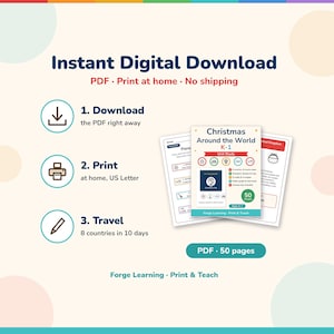 Instant digital download steps (download, print, travel), shown with the passport stamps, the UK read-aloud page and the cover.