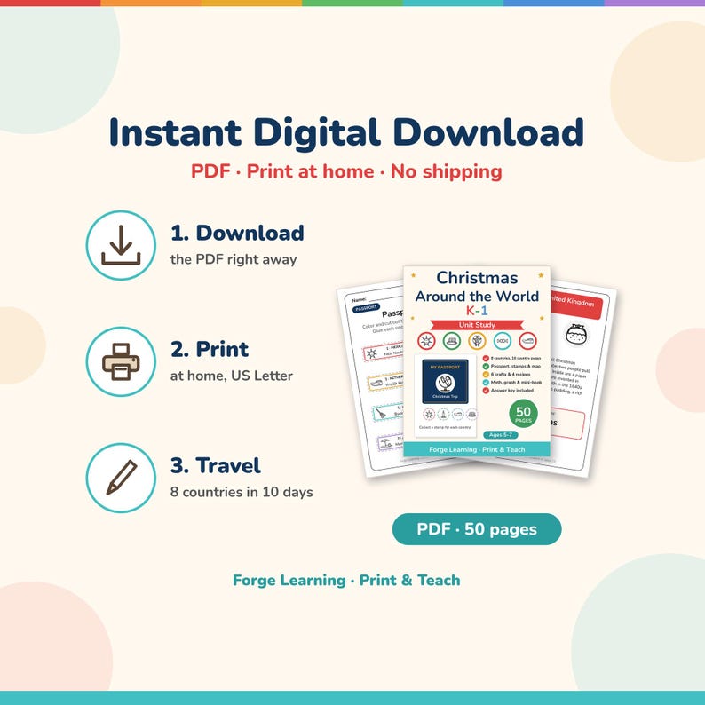 Instant digital download steps (download, print, travel), shown with the passport stamps, the UK read-aloud page and the cover.