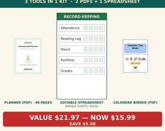 Homeschool Planner Bundle | Homeschool Starter Kit, Record Keeping Spreadsheet, Calendar Time Binder, Attendance Tracker Printable