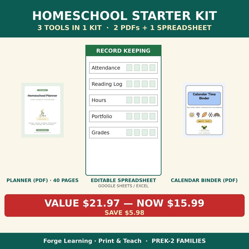 Homeschool Planner Bundle | Homeschool Starter Kit, Record Keeping Spreadsheet, Calendar Time Binder, Attendance Tracker Printable image 1