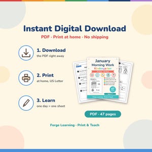 Instant digital download: print the January morning work PDF at home. Shows the Hello, 2027! page, a Day 11 reading page and the cover