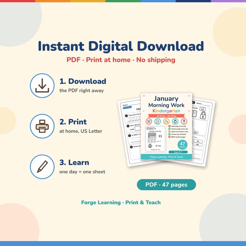 Instant digital download: print the January morning work PDF at home. Shows the Hello, 2027! page, a Day 11 reading page and the cover