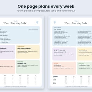 One page plans every week: Week 1 (Winter-Time) and Week 6 (The Months) layouts with a poem, picture study, composer study, folk song and nature focus, plus a Monday to Friday checklist.