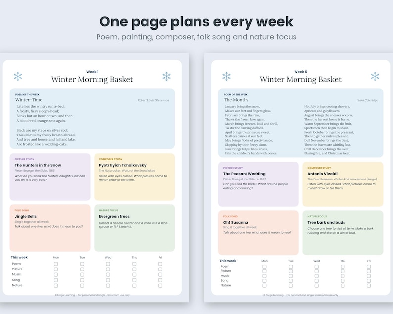 One page plans every week: Week 1 (Winter-Time) and Week 6 (The Months) layouts with a poem, picture study, composer study, folk song and nature focus, plus a Monday to Friday checklist.