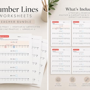 May include: A set of six printable number line worksheets for addition and subtraction practice. The pages feature horizontal number lines from zero to ten with blank boxes for answers and example equations like 2+3=5 printed in black ink.