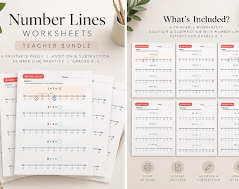 May include: A set of six printable number line worksheets for addition and subtraction practice. The pages feature horizontal number lines from zero to ten with blank boxes for answers and example equations like 2+3=5 printed in black ink.