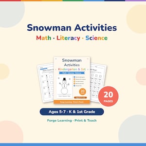 Puede incluir: Un conjunto de hojas de trabajo educativas imprimibles tituladas Snowman Activities para jardín de infancia y primer grado. La portada muestra una ilustración de un muñeco de nieve, temas de matemáticas, lectura y ciencias.