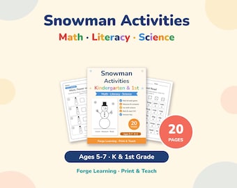 May include: A set of printable educational worksheets titled Snowman Activities for Kindergarten and 1st grade. The cover page features a snowman illustration, math, literacy, and science topics, and indicates 20 pages for ages 5-7.