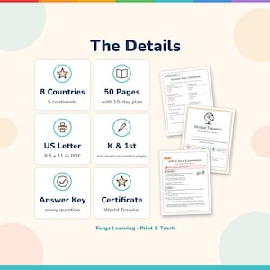 Product details tiles: 8 countries on 5 continents, 50 pages, US Letter, K and 1st grade levels on country pages, answer key and certificate, shown with the answer key, World Traveler certificate and saffron bun recipe pages.