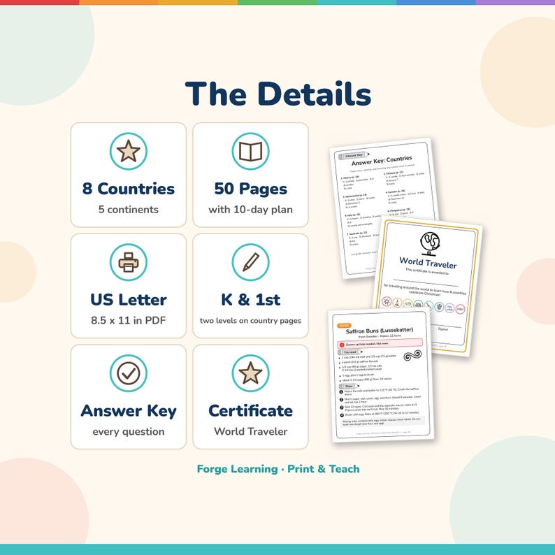 Product details tiles: 8 countries on 5 continents, 50 pages, US Letter, K and 1st grade levels on country pages, answer key and certificate, shown with the answer key, World Traveler certificate and saffron bun recipe pages.