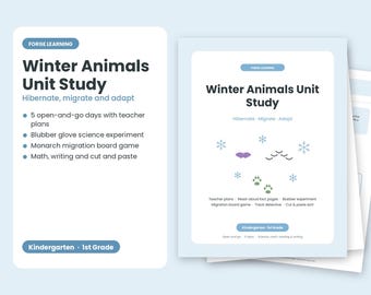 May include: A Winter Animals Unit Study educational packet for kindergarten and 1st grade by Forge Learning. The materials include teacher plans, a blubber glove science experiment, a monarch migration board game, and math, writing, and cut and paste activities.
