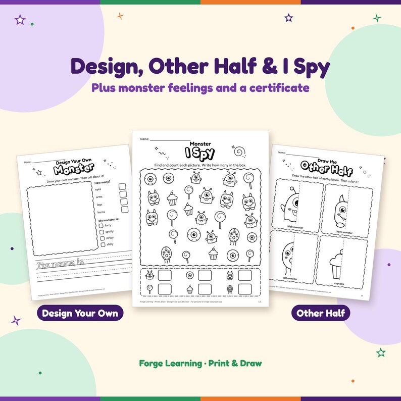 Design your own monster page with a checklist and traceable writing lines, a monster I Spy find-and-count page, and a draw the other half page with monsters and a cupcake.