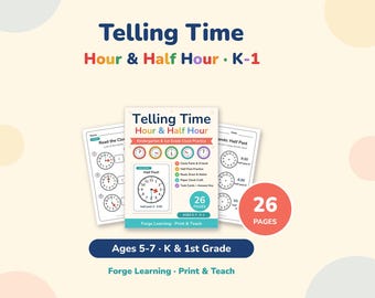 May include: Educational workbook titled Telling Time Hour & Half Hour for kindergarten and 1st grade. The set includes 26 pages of clock practice, featuring clock parts, half past exercises, drawing, matching, and paper clock crafts.