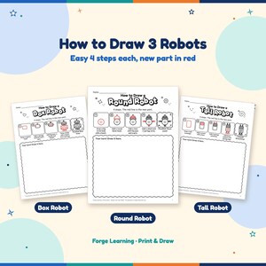 How to draw a box robot, a round robot and a tall robot, each in 4 easy steps with the new part in red and a big wavy box for kids to draw their own.
