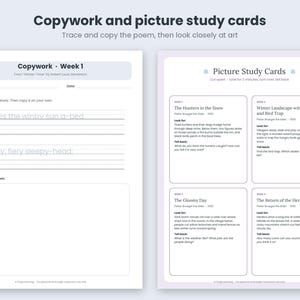 Copywork and picture study cards: Copywork Week 1 with tracing lines for Winter-Time and a box to illustrate the poem, plus Picture Study Cards for Bruegel paintings with look-for and tell-back prompts.