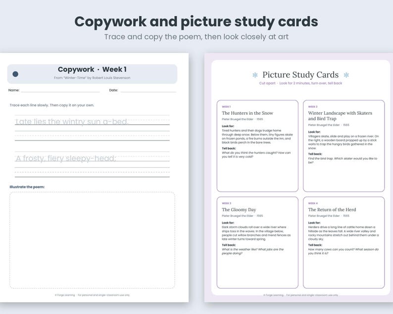 Copywork and picture study cards: Copywork Week 1 with tracing lines for Winter-Time and a box to illustrate the poem, plus Picture Study Cards for Bruegel paintings with look-for and tell-back prompts.