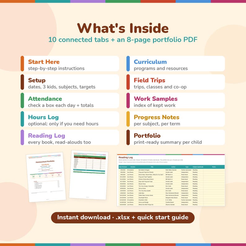 What's inside the homeschool record keeping spreadsheet: 10 tabs (Start Here, Setup, Attendance, Hours Log, Reading Log, Curriculum, Field Trips, Work Samples, Progress Notes, Portfolio) with a reading log preview