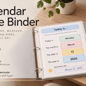 May include: A three-ring binder titled Calendar Time Binder with pages for tracking days, months, and years. The page features Today Is, Monday, March, 12, and 2025 in colored boxes. Includes loose rectangular cards for January, February, 1, 2, and 3.