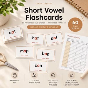 May include: A set of printable short vowel flashcards featuring CVC words like cat, hat, bat, map, bag, and can. The set includes a progress tracker sheet, with text indicating 60 printable CVC words and an instant digital download format.