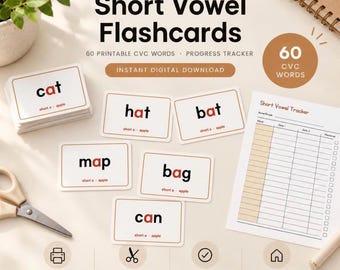 May include: A set of printable short vowel flashcards featuring CVC words like cat, hat, bat, map, bag, and can. The set includes a progress tracker sheet, with text indicating 60 printable CVC words and an instant digital download format.