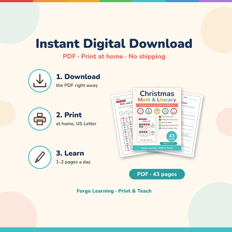 Instant digital download PDF, print at home, 1-2 pages a day, no shipping
