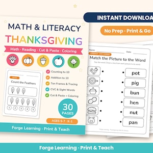 Pode incluir: Um pacote de atividades de matemática e alfabetização de Ação de Graças com 30 páginas para idades de 5 a 7 anos. A capa apresenta ícones coloridos, o texto Math & Literacy Thanksgiving e uma folha de exercícios de exemplo.