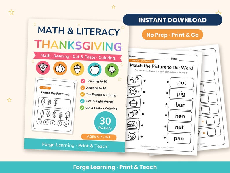 Cover of a 30-page Thanksgiving math and literacy printable pack for kindergarten and 1st grade