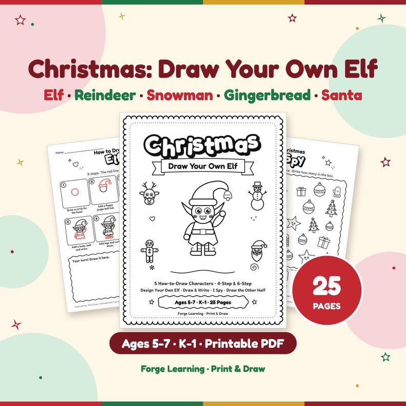 Whimsical Christmas Draw Your Own Elf drawing pack cover for kids ages 5-7: a big-eyed elf with a jingle-bell hat and curly shoes, plus a reindeer, snowman, gingerbread kid and Santa. 25 pages.