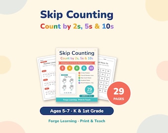 May include: A 29-page educational printable set titled Skip Counting Count by 2s, 5s & 10s for kindergarten and 1st grade. The cover features colorful circles with numbers, hand illustrations labeled High Five, and lists of included activities.