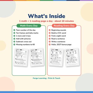 What's inside January morning work: teen number of the day, ten frames, tally marks, adding, subtracting, missing numbers, beginning sounds, CVC words, sight words, sentences