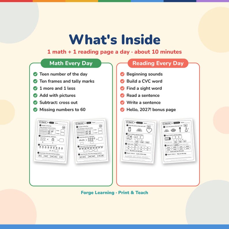 What's inside January morning work: teen number of the day, ten frames, tally marks, adding, subtracting, missing numbers, beginning sounds, CVC words, sight words, sentences