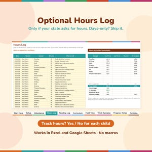 Optional homeschool hours log, used only if your state asks for hours: lessons logged in minutes with automatic hours by subject for the child whose hours are turned on
