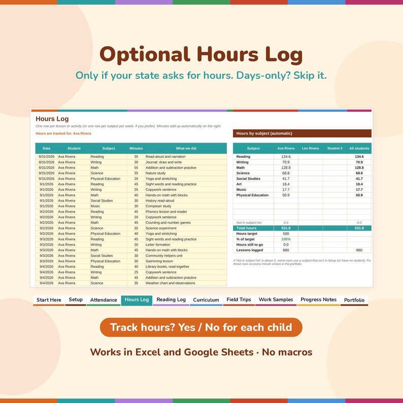Optional homeschool hours log, used only if your state asks for hours: lessons logged in minutes with automatic hours by subject for the child whose hours are turned on