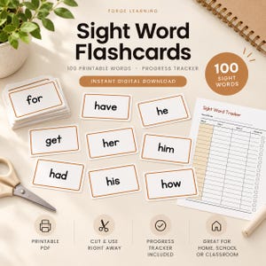 May include: A set of printable sight word flashcards featuring the text Sight Word Flashcards, 100 Printable Words, Progress Tracker, and Instant Digital Download. The cards display words like for, have, he, get, her, him, had, his, and how.