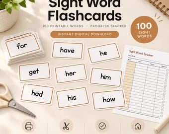 May include: A set of printable sight word flashcards featuring the text Sight Word Flashcards, 100 Printable Words, Progress Tracker, and Instant Digital Download. The cards display words like for, have, he, get, her, him, had, his, and how.
