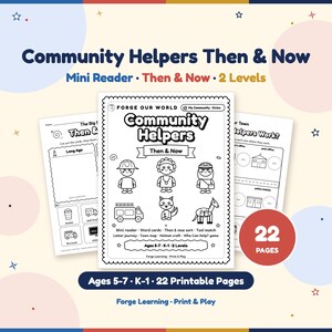 Peut inclure: Un ensemble d'activités éducatives imprimables de 22 pages intitulé Community Helpers Then & Now. Les feuilles de travail en noir et blanc présentent des illustrations de travailleurs communautaires, de véhicules et de tâches de tri pour les 5-7 ans.