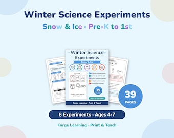 May include: A 39-page educational printable set titled Winter Science Experiments: Snow & Ice for Pre-K to 1st grade. The document includes 8 hands-on experiments, prediction and observation sheets, and an answer key for ages 4-7.