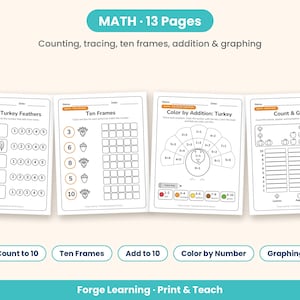 Overview of all pages included in the Thanksgiving math and literacy pack