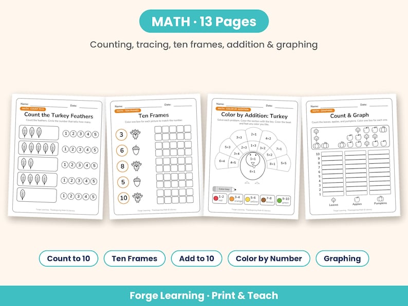 Overview of all pages included in the Thanksgiving math and literacy pack